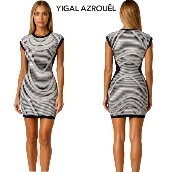 Cut25 by Yigal Azrouel Black & White Mini Cocktail Dress Textured Bodycon Boho 2 - Picture 2 of 16